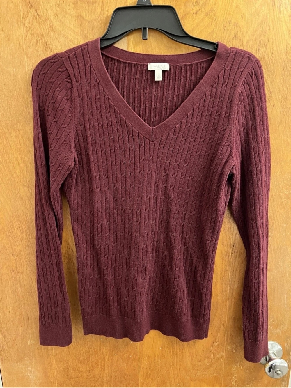 Talbots Burgundy/Wine Cable-Knit V-Neck Pullover Sweater Women M 100% Cotton
